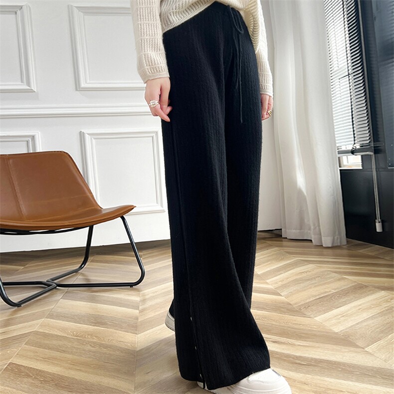 女2024秋冬新款垂感显瘦高腰阔腿裤宽松直筒羊毛针织休闲裤，女装休闲裤，蒙特羊绒