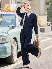 牛仔套装女2025春秋新款时髦气质韩系设计感气质炸街阔腿裤两件套，女装套装/套裙，E百度