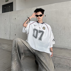 美式秋季薄款网面字母印花球衣T恤男女小众休闲运动长袖打底上衣，男装Polo衫，四季星座505