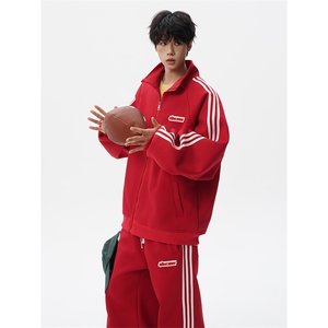 8XL-M条纹撞色开衫新年红卫衣运动套装潮牌运动服校园风TZ114P118图片
