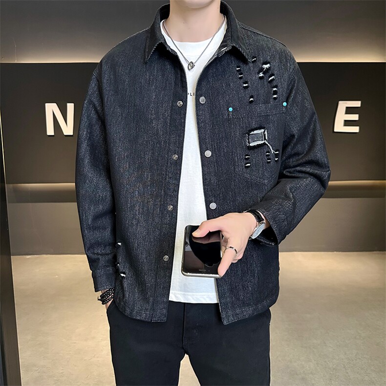 B353 3351 P108黑秋季新款男士牛仔夹克韩版潮流修身百搭外套图片