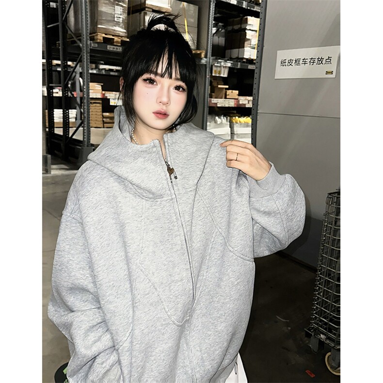 抖音得物高品质二开26春装美式高街重磅结构高领连帽卫衣外套W62,女装短外套,电商A486