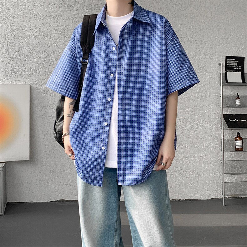 8XL-M短袖衬衫男夏宽松慵懒风痞帅条纹格子衫半袖外套DC28005P40,男装衬衫,电商B312