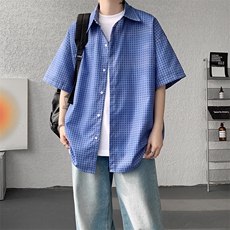 8XL-M短袖衬衫男夏宽松慵懒风痞帅条纹格子衫半袖外套DC28005P40，男装衬衫，电商B312