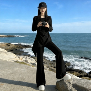 设计感时尚休闲套装女春款修身显瘦不规则长袖上衣微喇长裤两件套图片
