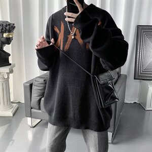 M05-P70     秋冬男女宽松大码圆领套头印花针织毛衣中性外套图片