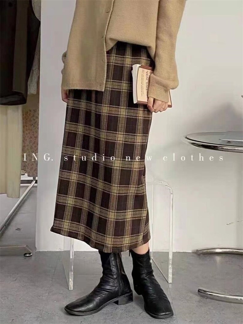 格子半身裙秋季韩版高腰开叉包臀两色厚，女装半身裙，LC裤子