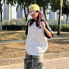 抖音得物品质二开240克宽松纯棉美式潮牌插肩三杠织带短袖T恤，男装T恤，电商A486