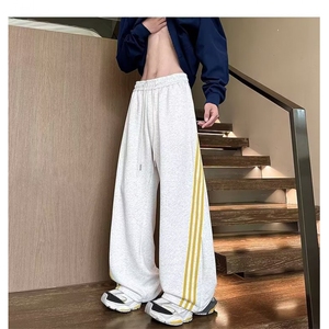 复古撞色条纹运动卫裤男款春季美式阔腿裤宽松弯刀裤子图片