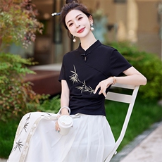 蓝语大码女装胖mm复古国风刺绣黑色T恤2025夏季显瘦立领短袖上衣，女装套装/套裙，芷墨服饰