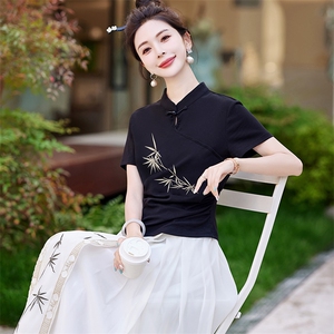 蓝语大码女装胖mm复古国风刺绣黑色T恤2025夏季显瘦立领短袖上衣图片