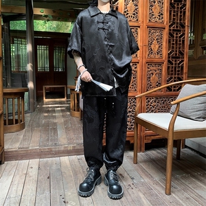 龙纹醋酸提花冰丝直筒裤男休闲裤中式竹纹刺绣短袖衬衫直筒裤套装