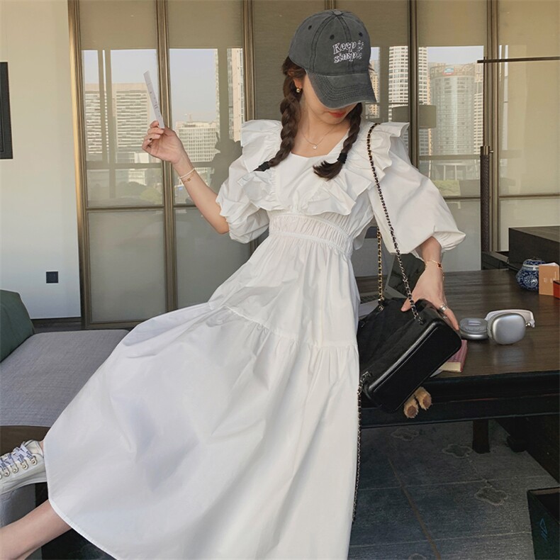 白色泡泡袖设计感棉麻休闲连衣裙女2025夏季新款法式收腰显瘦裙子,女装连衣裙,浙宝276（原081）