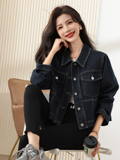 2023年春秋新款深蓝色正肩牛仔外套女长袖韩版显瘦夹克牛仔衣潮，女装短外套，梦懿尔