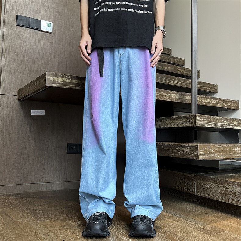 港风夏款男牛仔裤彩虹渐变色宽松直筒长裤NK8082P55,男装牛仔裤,星座1013-1