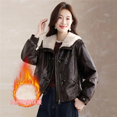 现货！现货！加绒加厚皮衣女2025冬季新款羊羔毛翻领棉衣棉服，女装棉衣/棉服，以桐