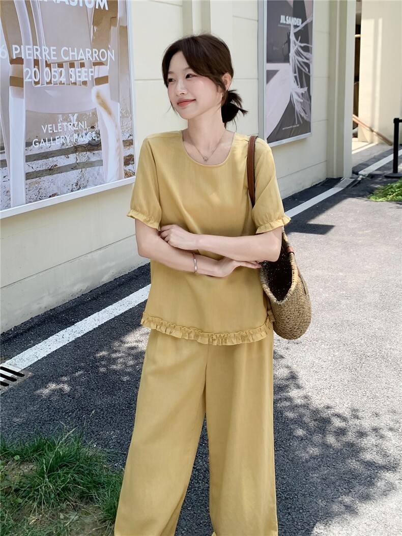 木耳边拼接短袖T恤套装女夏新款时尚慵懒风高腰阔腿裤穿搭两件套,女装套装/套裙,浙宝210（原浙宝191）