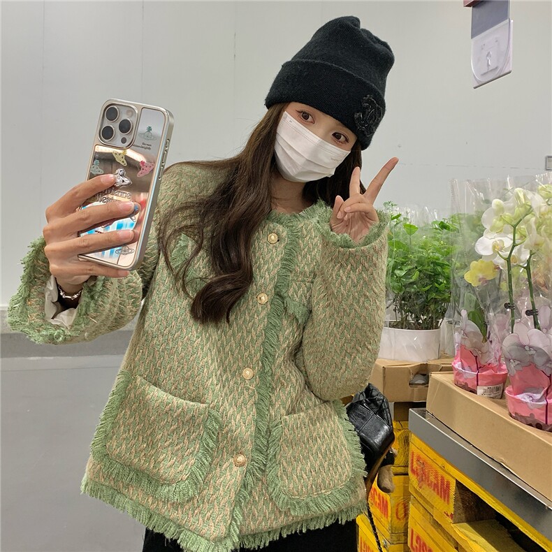 流苏绿色小香风羽绒服外套女秋冬2025新款高级感赫本风气质加厚,女装羽绒服,艾米莉亚
