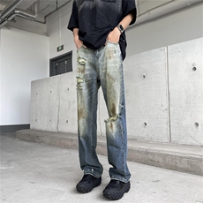 美式高街破洞做旧牛仔裤男女宽松直筒脏脏裤显瘦垂感长裤，男装牛仔裤，星座302B-2
