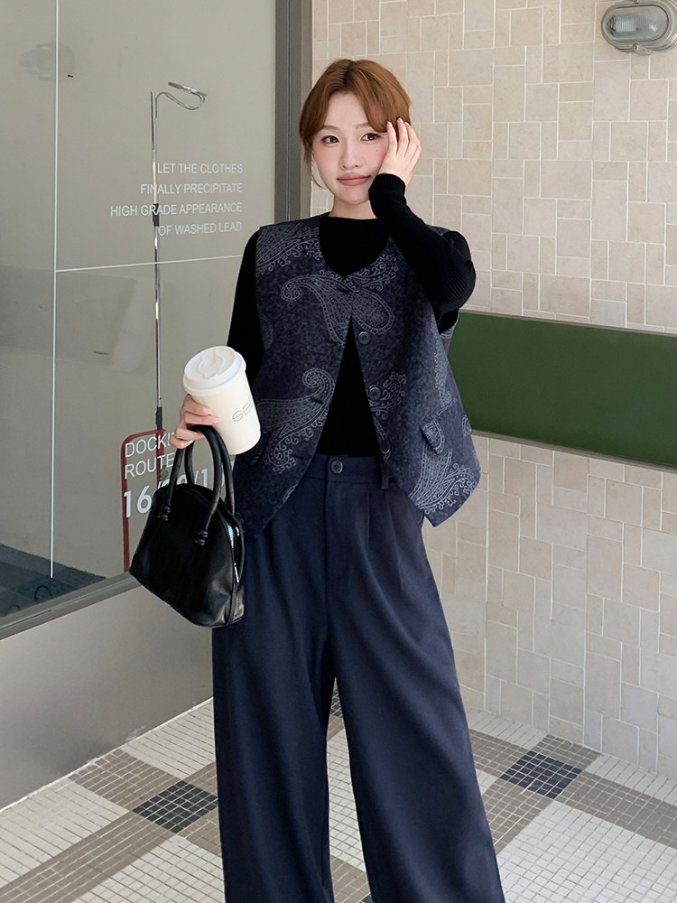 新款复古印花马甲阔腿裤三件套,女装套装/套裙,2D075