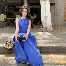 克莱因蓝色拼接无袖连衣裙2025新款女初夏超好看法式高级感背心裙，女装连衣裙，2C166