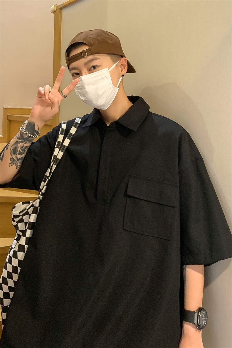 vintage衬衫男夏季日系工装短袖衬衣设计感小众宽松少年感polo衫,男装T恤,电商A141