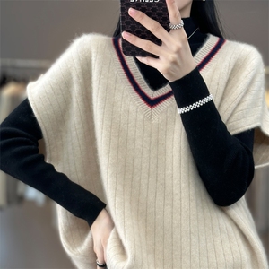 100%羊毛衫马甲背心女秋冬新款V领宽松拼色无袖毛衣羊绒针织坎肩图片