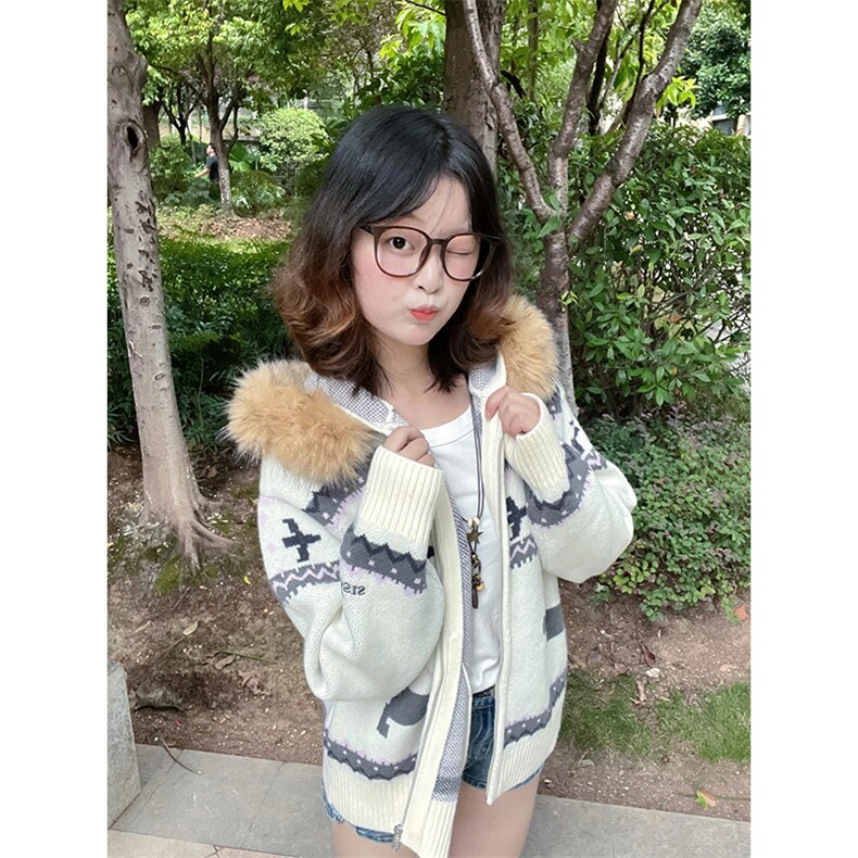 重磅北极绒座山雕毛衣外套冬美式复古休闲慵懒风大毛毛领针织开衫,男装针织衫/毛衣,电商A486-1