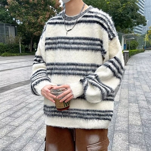 B428 P 48水貂绒条纹圆领毛衣季韩系潮牌宽松慵懒风情侣图片