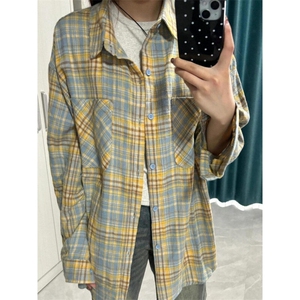新款休闲百搭宽松衬衫上衣美式复古拼色格子外套男女 CYC21图片