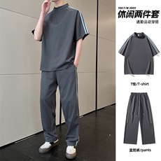 冰感重磅短袖套装男夏季宽松三杠半袖t恤衫长裤两件套，男装T恤，星座1206（原A206）