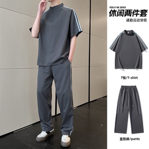 冰感重磅短袖套装男夏季宽松三杠半袖t恤衫长裤两件套图片