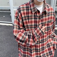 美式街头复古格子长袖衬衫男潮牌嘻哈刺绣宽松休闲百搭衬衣，男装衬衫，星座716-3