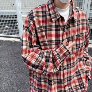 美式街头复古格子长袖衬衫男潮牌嘻哈刺绣宽松休闲百搭衬衣图片