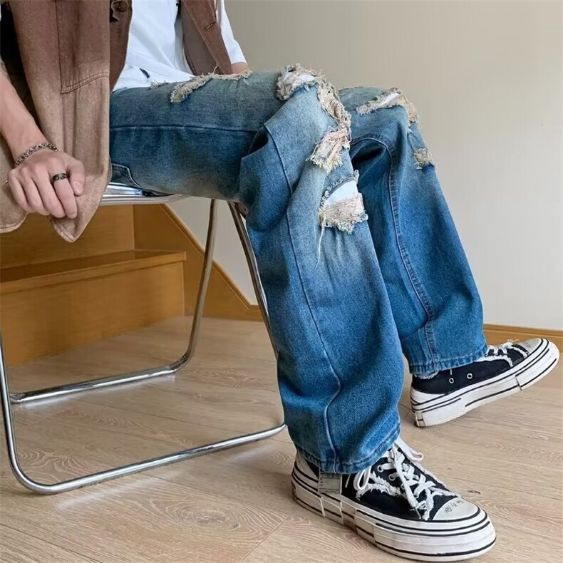 破洞牛仔裤男夏秋季薄款渐变hiphop高街潮牌宽松直筒裤子5186/P48,男装牛仔裤,星座506