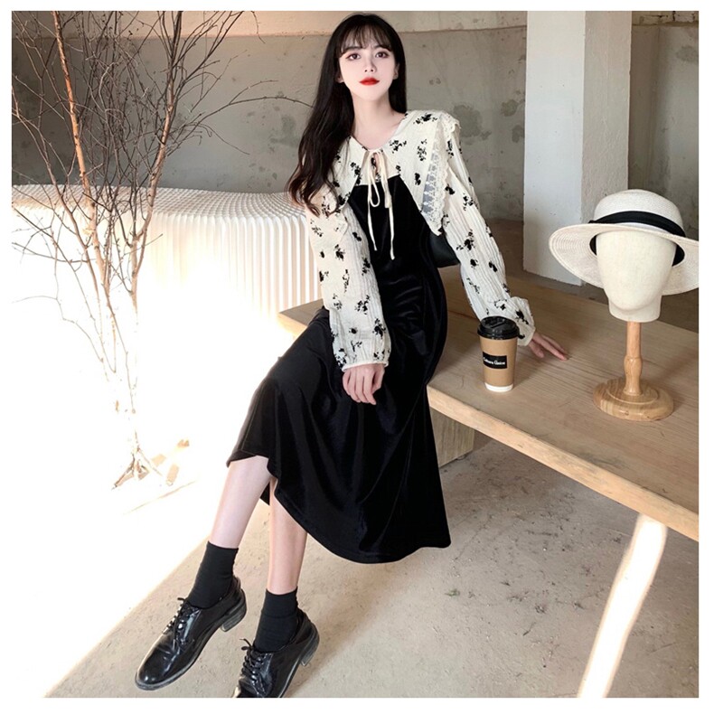 爆版娃娃领碎花拼接假两件长裙胖妹妹秋冬丝绒长袖打底减龄连衣裙,女装连衣裙,潮品会