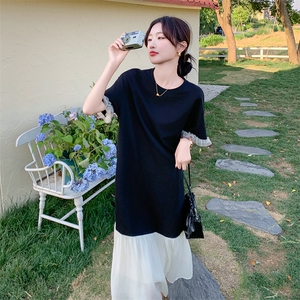 法式气质蕾丝拼接连衣裙女2025夏季新款韩版宽松显瘦盐系T恤长裙图片