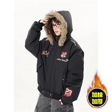 现货高品质美式高街重磅刺绣座山雕大毛毛领棉衣男女加厚棉服外套，男装棉衣，电商A486