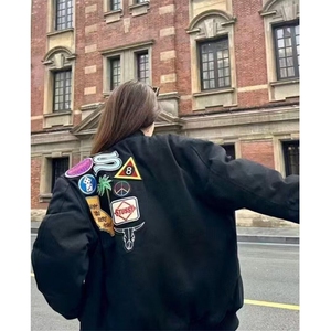 徽章刺绣棒球服外套男女学生春秋百搭潮牌黑色立领夹克 KA4130图片