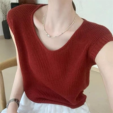 凉爽软冰丝u领螺纹针织衫女纯色气质圆领长袖外穿显瘦，女装T恤，萱芳婷羊绒