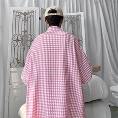 2026夏宽松潮男休闲五分袖衬衫半袖格子衬衣C900/P35粉色2，男装衬衫，电商A094