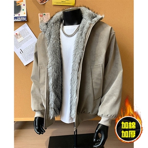 现货高品质美式高街重磅座山雕毛毛领pu皮棉衣男女加厚棉服冬外套图片