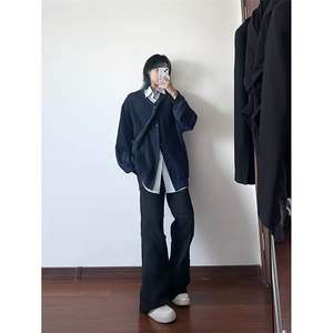 日系复古条纹领拼接假俩件卫衣男女休闲宽松慵懒开衫外套 W53图片