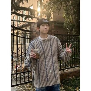 网图现货 混色条纹针织毛衣慵懒高级感男圆领套头衫B49-P50图片