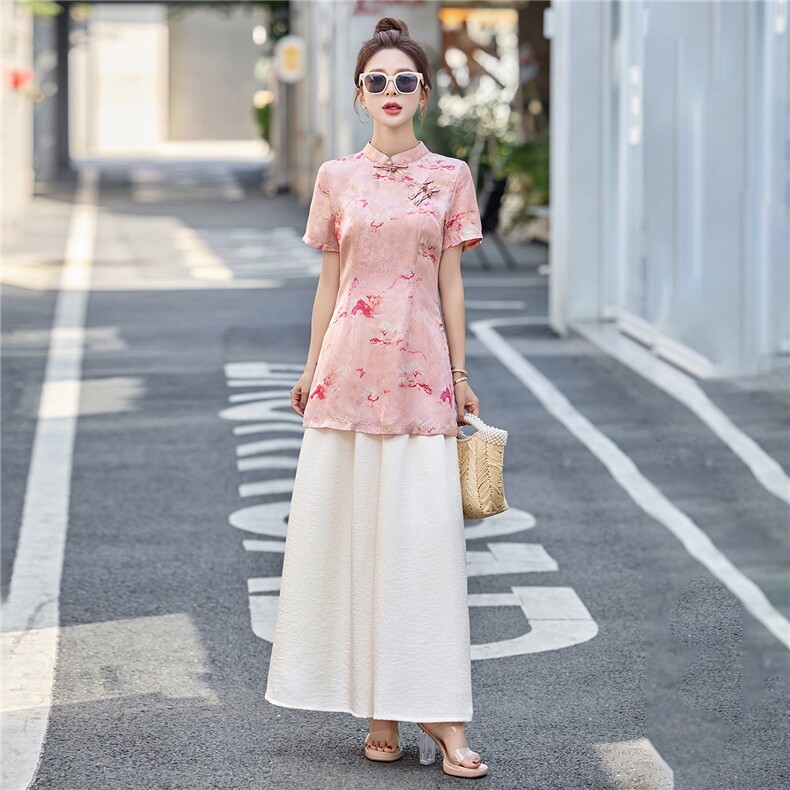 新中式盘扣旗袍印花上衣阔腿裤两件套女夏季新款时尚显瘦国风套装,女装套装/套裙,艾仟回(原伊仟回)