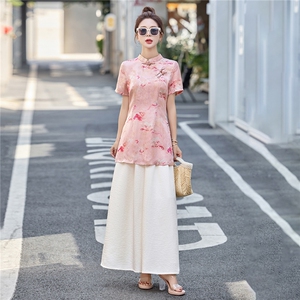 新中式盘扣旗袍印花上衣阔腿裤两件套女夏季新款时尚显瘦国风套装图片