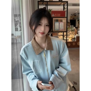 1506-1/JF11151/P76休闲翻领夹克男女情侣潮流美式复古宽松外套图片