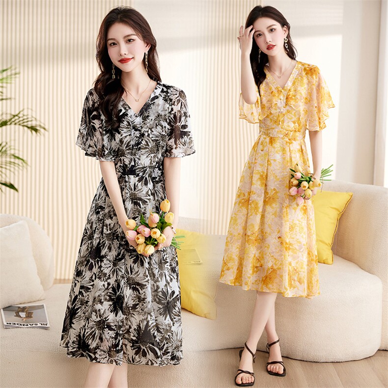 时尚印花收腰连衣裙子女装2024年夏季新款宽松荷叶袖中款碎花长裙，女装连衣裙，罗得堡