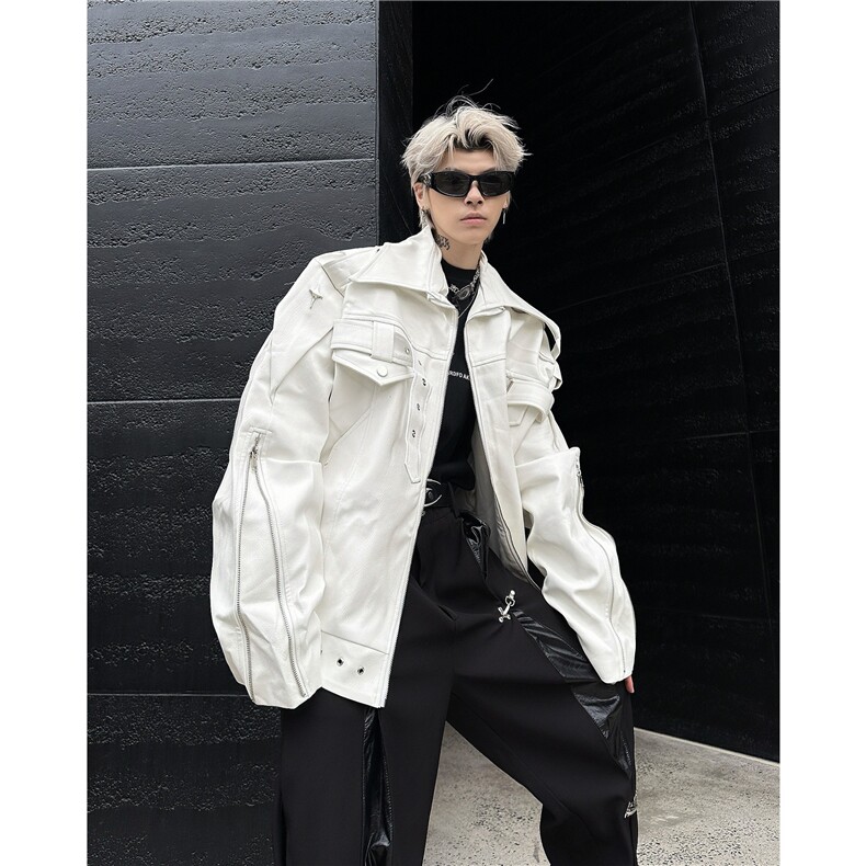 美式复古高街白色皮衣外套男春秋款潮牌小众高级感短款机车服夹克，男装夹克，星座601-2