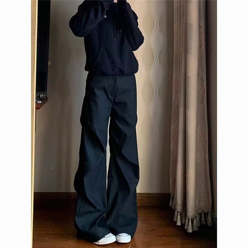 美式小众褶皱微喇休闲裤男复古宽松直筒垂感百搭黑色西裤,女装休闲裤,星座1210-1